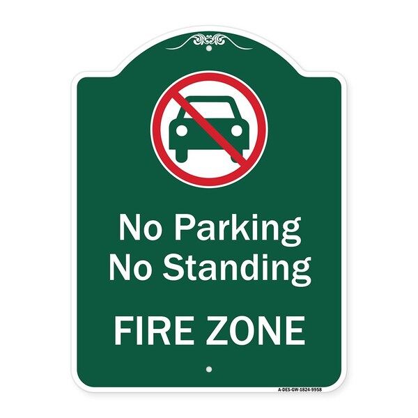 No Parking Or Standing Fire Zone W/ Graphic Heavy-Gauge Aluminum Sign, 24" x 18", GW-1824-9958